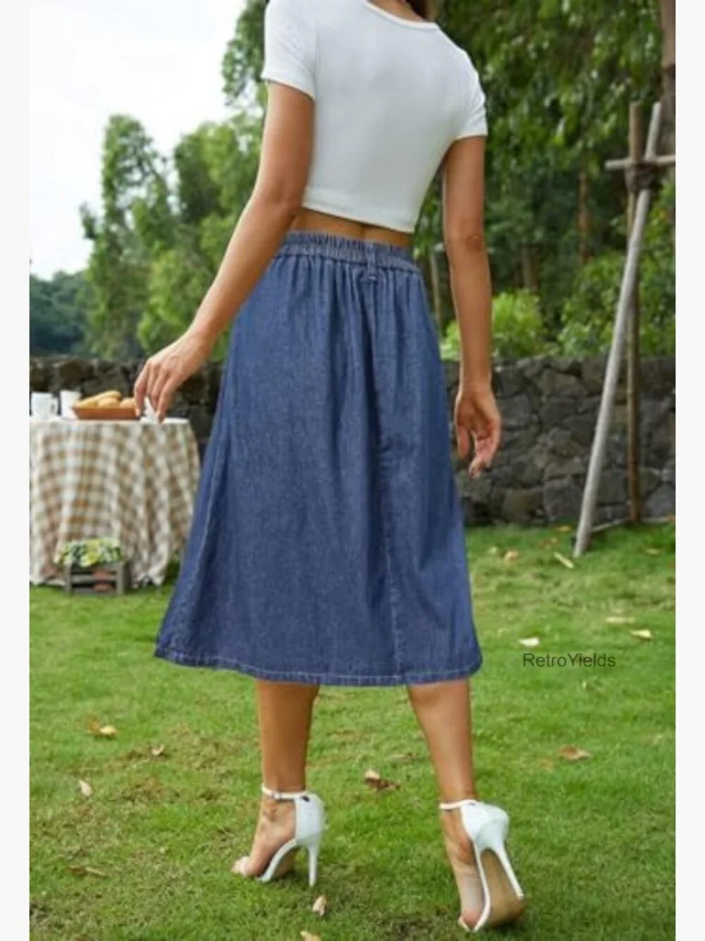 Pleated A-line Midi Skirt with Pockets Elastic Waist Button Front Flared - Picture 3 of 7